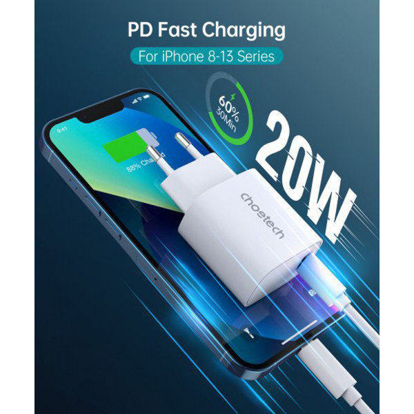 Фото - Сетевое зарядное устройство Choetech USB-С 20W PD/QC (Q5004-EU-WH)