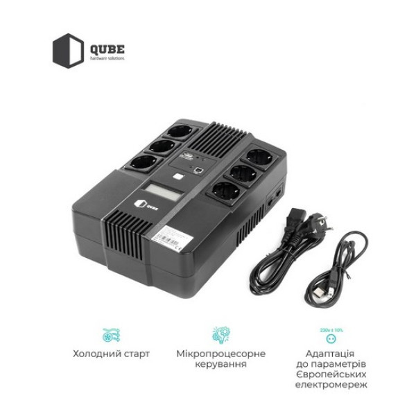 Фото - Источник бесперебойного питания QUBE AIO 650, 650VA/360W, LCD, 6 x Schuko, RJ-45, USB (QBAIO650)