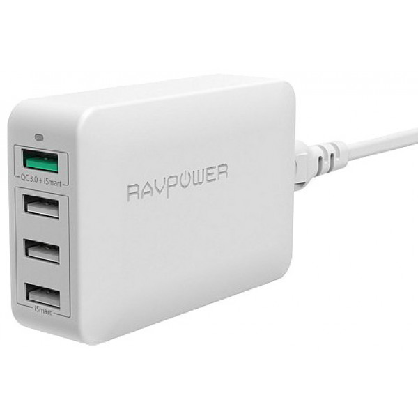 Фото - Сетевое зарядное устройство RavPower Qualcomm Quick Charge 3.0 40W 4-Port White (RP-PC024WH)