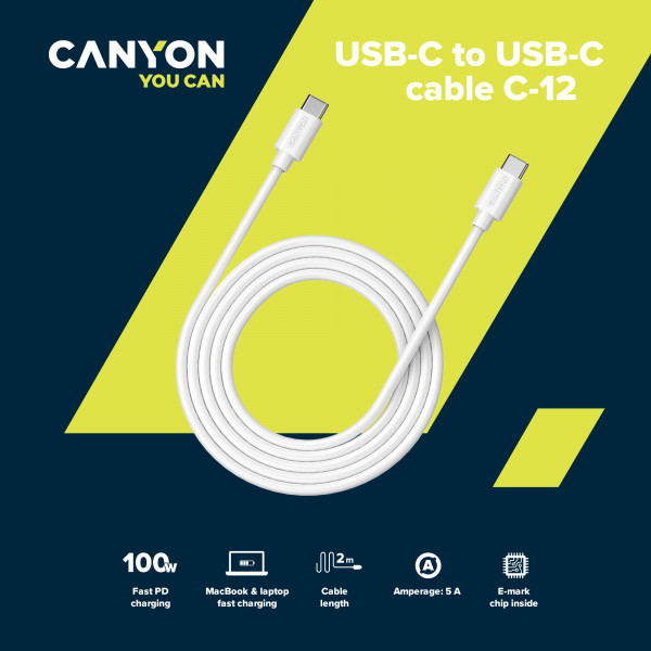 Фото - Кабель синхронизации данных Canyon Type C 2m White (CNS-USBC12W)