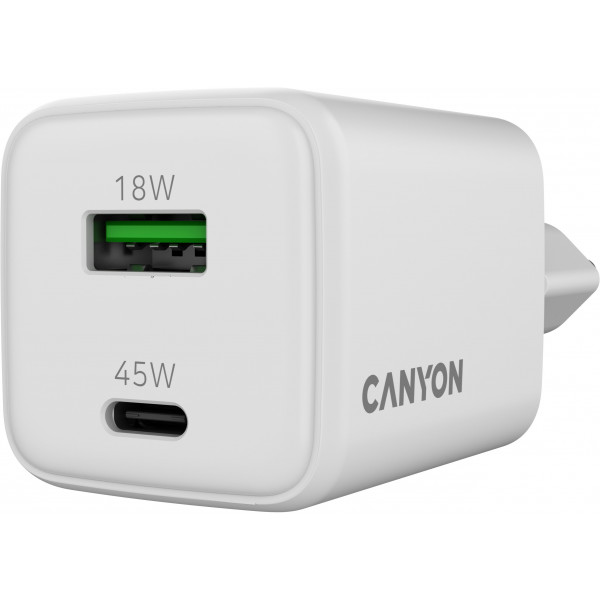 Фото - Сетевое зарядное устройство Canyon CU45AC GaN 45W 1xPD 1xQC White (CNS-CUW45AC)