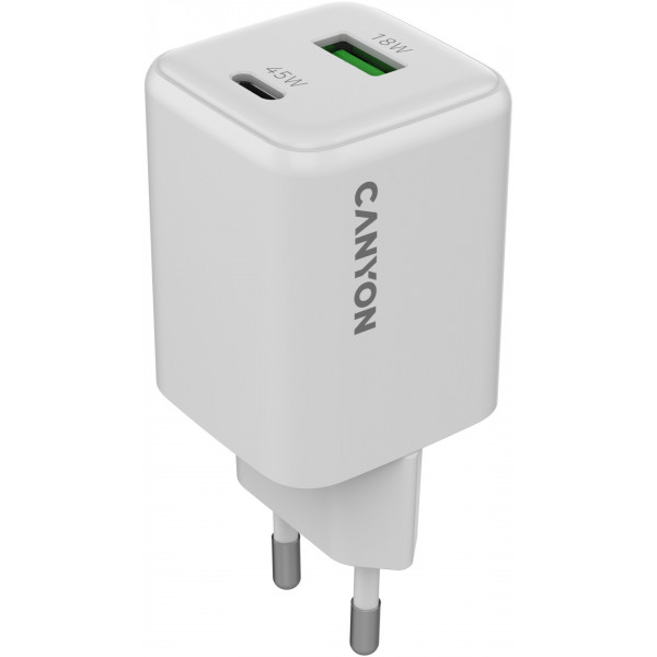 Фото - Сетевое зарядное устройство Canyon CU45AC GaN 45W 1xPD 1xQC White (CNS-CUW45AC)