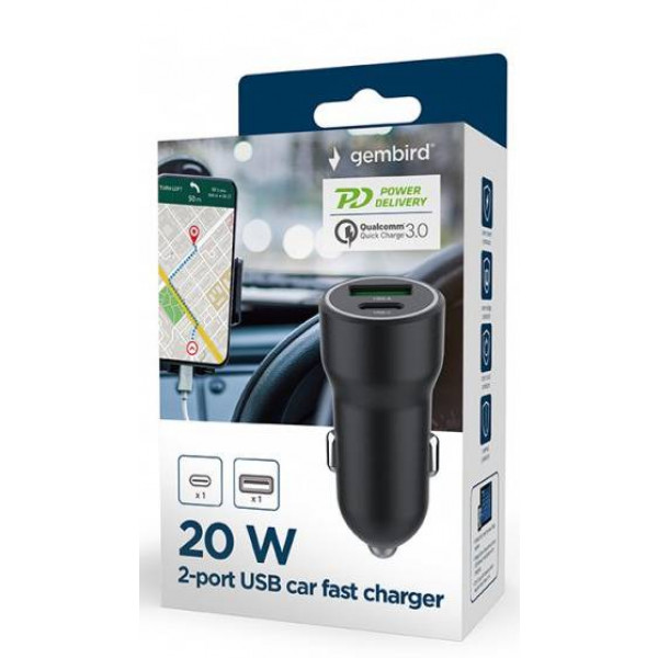 Фото - Автомобильное зарядное устройство Gembird 1xUSB-A (18W QC3.0)+ 1xUSB-C 20W PD (TA-UC-A2PDQC20-CAR-01)