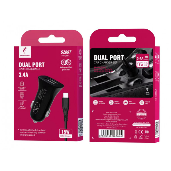Фото - Автомобильное зарядное устройство SkyDolphin SZ09T 2USB, 3.4A Black (AZP-000110) + кабель Type-C