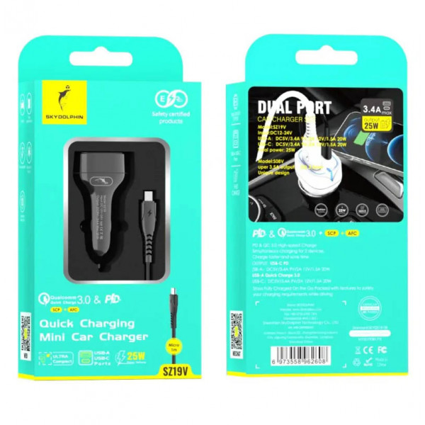 Фото - Автомобильное зарядное устройство SkyDolphin SZ19V PD 20W + QC3.0 20W Black (AZP-000105) + кабель microUSB