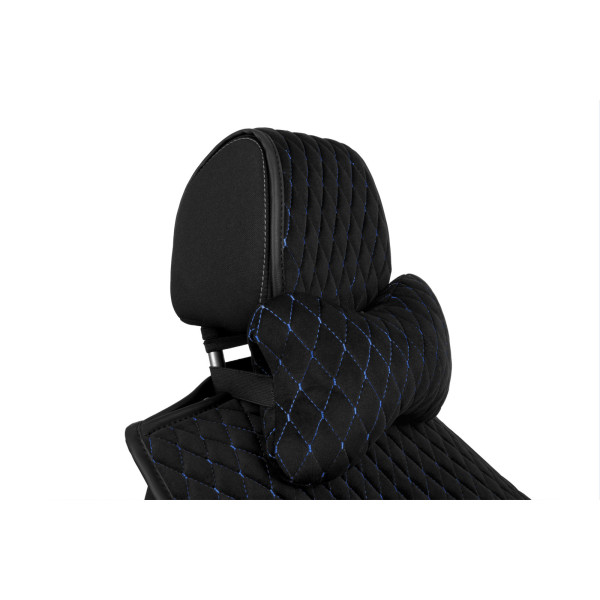 Фото - Автомобильная подушка на подголовник EVAtech из алькантары 27х16 см черная с синей нитью, малый ромб SPALMRBL