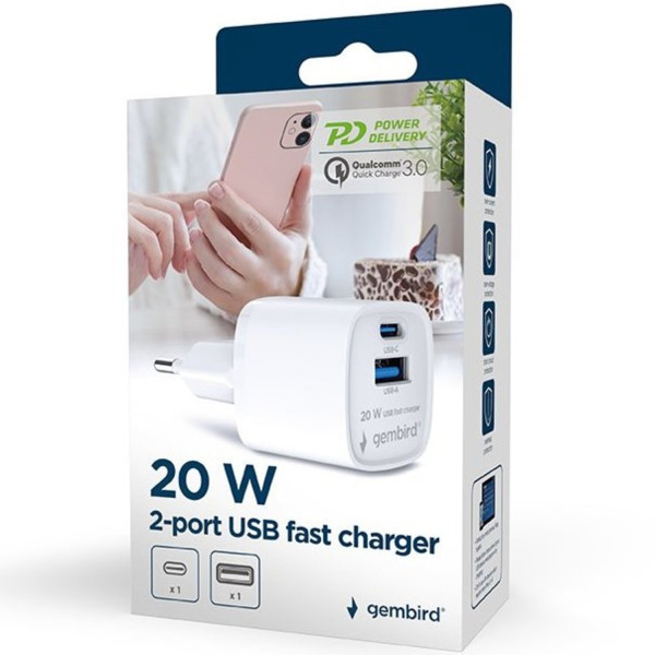 Фото - Сетевое зарядное устройство Gembird 1 USB-A + 1 Type-C PD20Вт + QC3.0 18Вт (TA-UC-PDQC20-W-01)