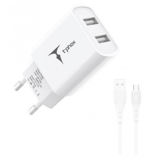 Фото - Сетевое зарядное устройство T-phox Pocket Dual USB+MicroUSB cable (TCC-224 (W)+Micro)