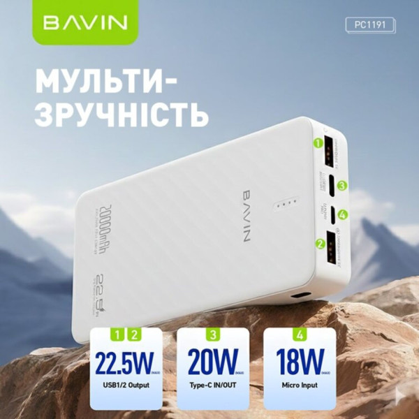 Фото - Батарея мобильная Bavin PC1191 20000 mAh FAST CHARGING 22.5W White (Y-PC1191-WH)
