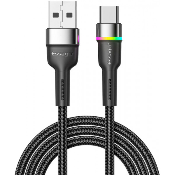 Фото - Кабель синхронизации данных Essager Colorful LED USB Cable Fast Charging 3A USB-A to Type C 2m Black (EXCT-XCDA01)
