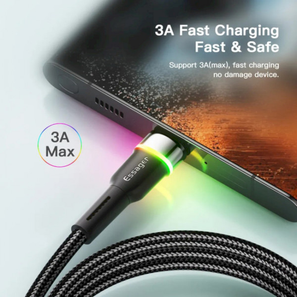 Фото - Кабель синхронизации данных Essager Colorful LED USB Cable Fast Charging 3A USB-A to Type C 2m Black (EXCT-XCDA01)