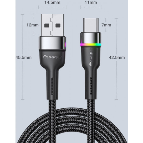 Фото - Кабель синхронизации данных Essager Colorful LED USB Cable Fast Charging 3A USB-A to Type C 2m Black (EXCT-XCDA01)