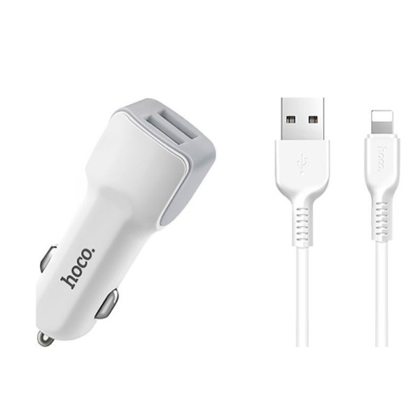 Фото - Автомобильное зарядное устройство HOCO Z23 grand style dual-port car charger set with iP cable White (6957531078012)