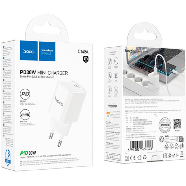 Фото - Сетевое зарядное устройство HOCO C148A Charm single port PD30W charger (EU) White (6942007630306)
