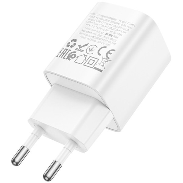 Фото - Сетевое зарядное устройство HOCO C148A Charm single port PD30W charger (EU) White (6942007630306)