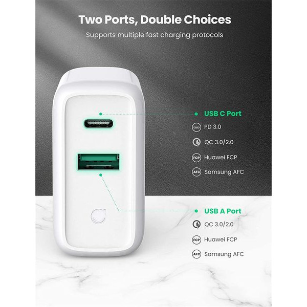Фото - Сетевое зарядное устройство UGREEN CD170 36W USB + Type-C Charger White (60468)