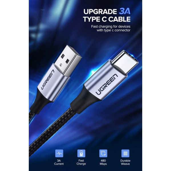 Фото - Кабель синхронизации данных UGREEN US288 USB 2.0 AM-Type-C M 3 m 3.0A 18W Nickel Plating Aluminum Braid Gray (60408)
