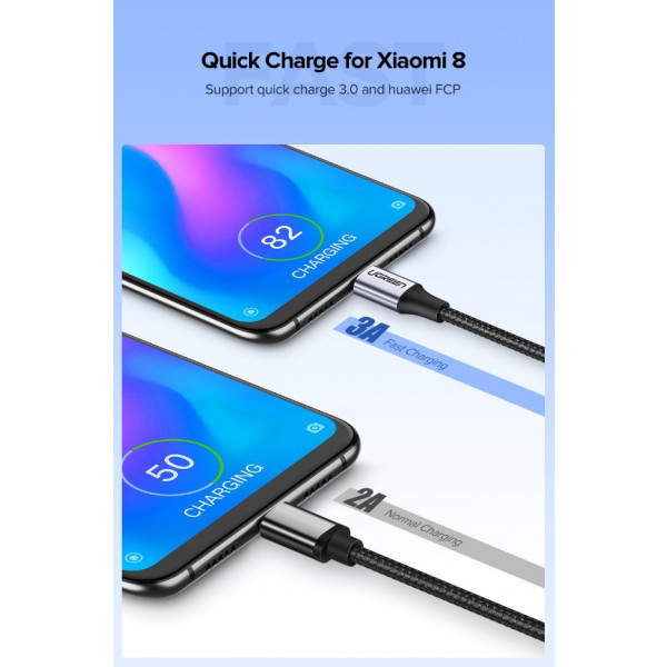 Фото - Кабель синхронизации данных UGREEN US288 USB 2.0 AM-Type-C M 3 m 3.0A 18W Nickel Plating Aluminum Braid Gray (60408)