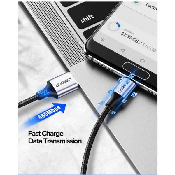 Фото - Кабель синхронизации данных UGREEN US288 USB 2.0 AM-Type-C M 3 m 3.0A 18W Nickel Plating Aluminum Braid Gray (60408)