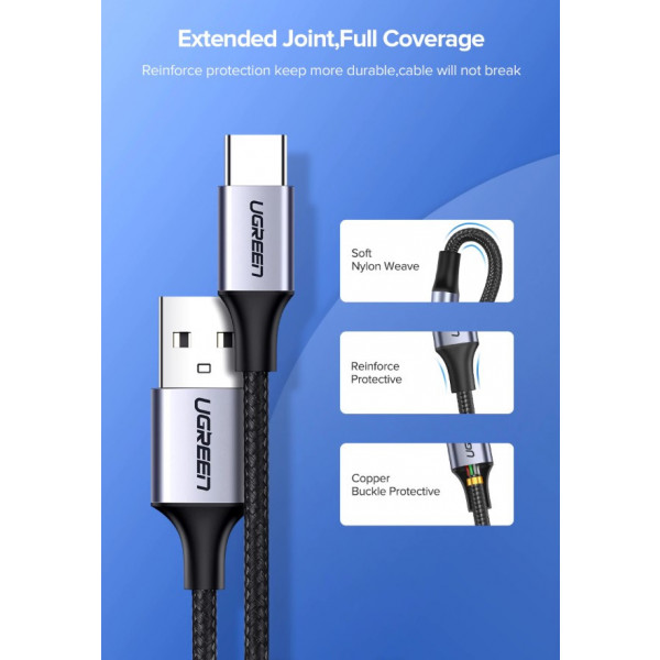 Фото - Кабель синхронизации данных UGREEN US288 USB 2.0 AM-Type-C M 3 m 3.0A 18W Nickel Plating Aluminum Braid Gray (60408)