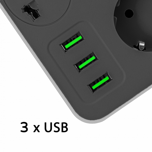 Фото - Сетевой фильтр XOKO 2 м 3 EU розетки 1 международная розетка 3 USB Gray (XK-SP-3-3-1-SL)