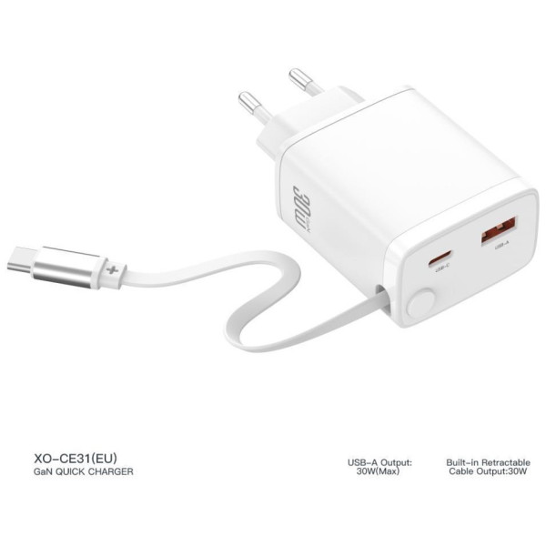 Фото - Сетевое зарядное устройство XO CE31 30W Gallium Nitride Fast Charger з Retractable Кабелем (1USB-A +1USB-C+1TYPE-C cable) (XO-CE31)