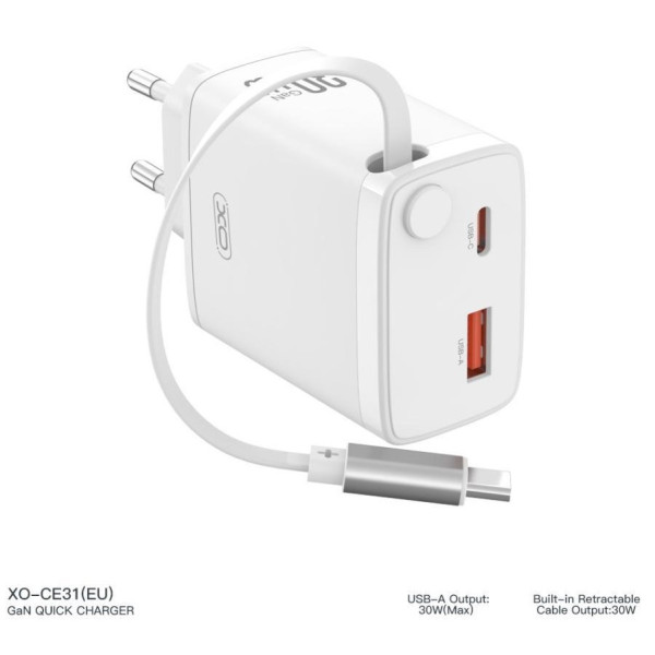 Фото - Сетевое зарядное устройство XO CE31 30W Gallium Nitride Fast Charger з Retractable Кабелем (1USB-A +1USB-C+1TYPE-C cable) (XO-CE31)
