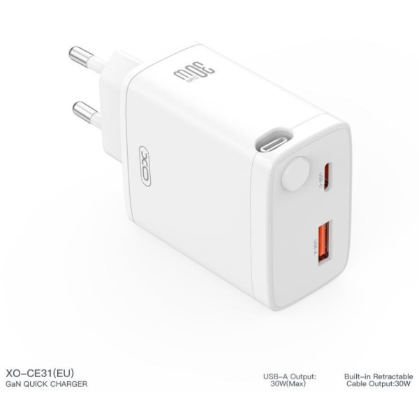 Фото - Сетевое зарядное устройство XO CE31 30W Gallium Nitride Fast Charger з Retractable Кабелем (1USB-A +1USB-C+1TYPE-C cable) (XO-CE31)