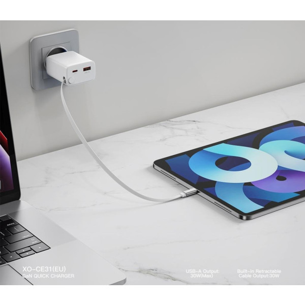 Фото - Сетевое зарядное устройство XO CE31 30W Gallium Nitride Fast Charger з Retractable Кабелем (1USB-A +1USB-C+1TYPE-C cable) (XO-CE31)
