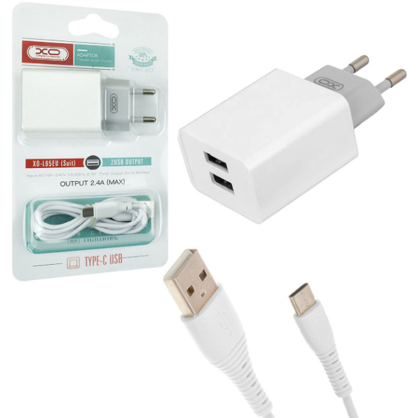 Фото - Сетевое зарядное устройство XO L65 адаптер 2USB / 2.4А + Type-C White (XO-L65-TC)