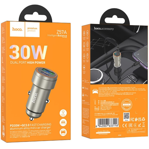 Фото - Автомобильное зарядное устройство HOCO Z57A Glorious PD30W+QC3.0 car charger Metal Gray (6942007633109)