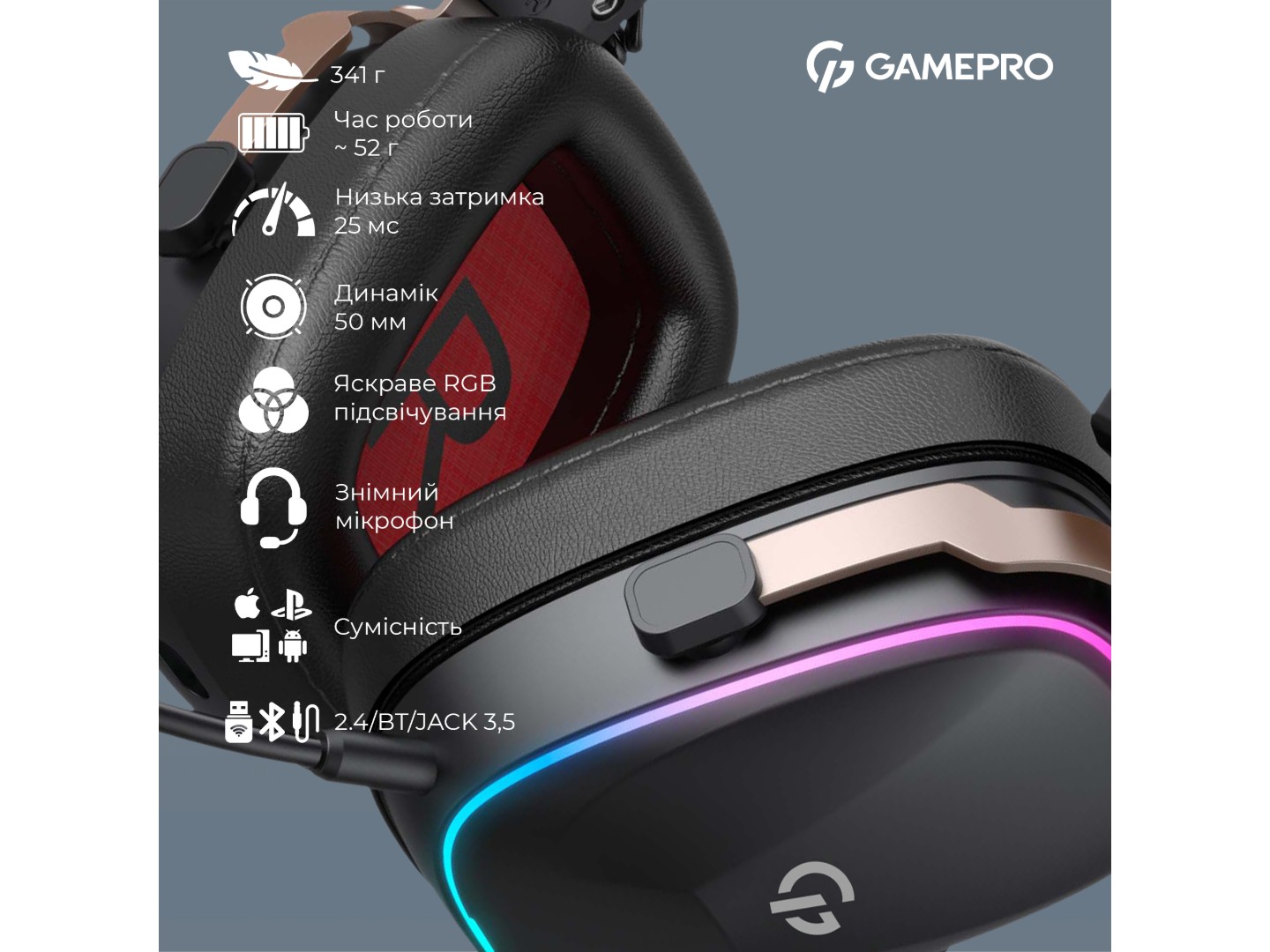 Гарнітура бездротова ігрова GamePro Asgard Valkyria RGB Tri-Mod (HSW249B) — фото 6