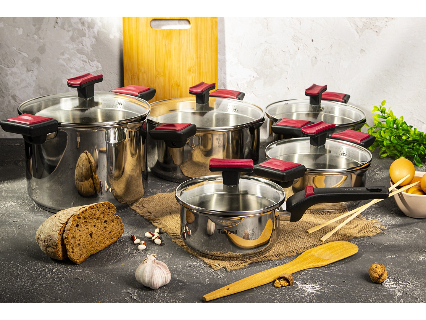 Набір посуду Tefal G723SA74 Cook & Clip 10 пр каструлі 22см (6,1 л)/24 см (5,0 л)/20 см (2,9 л)/18 см (2,0 л), ковш16 см (1,5 л) — фото 2