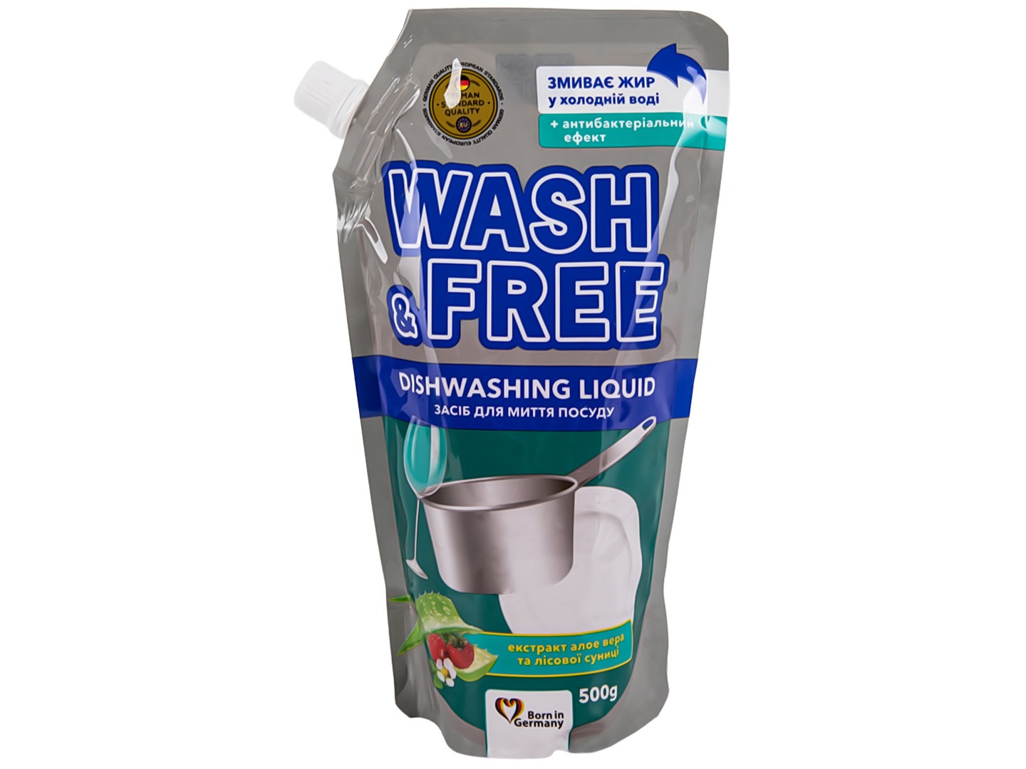 Засіб для ручного миття посуду WASH & FREE Екстракт алое вера та лісової суниці (DOYPACK) 500г — фото 1