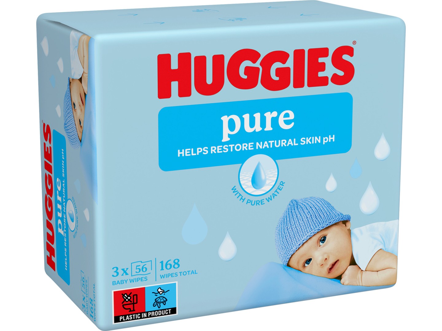 Вологі серветки для немовлят Huggies Pure 2+1 (56х3), 168 шт. (5029053550091) — фото 1
