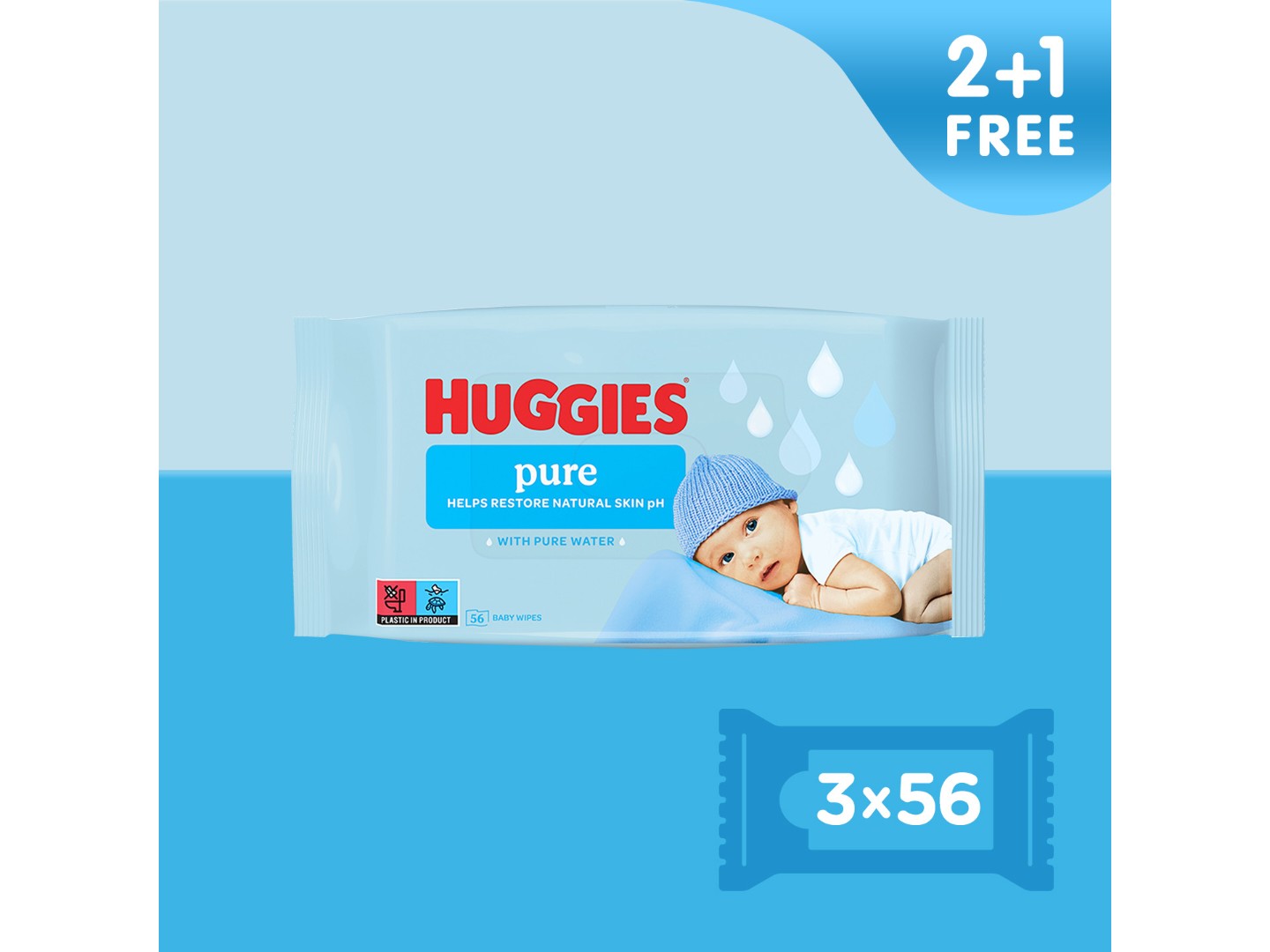 Вологі серветки для немовлят Huggies Pure 2+1 (56х3), 168 шт. (5029053550091) — фото 2