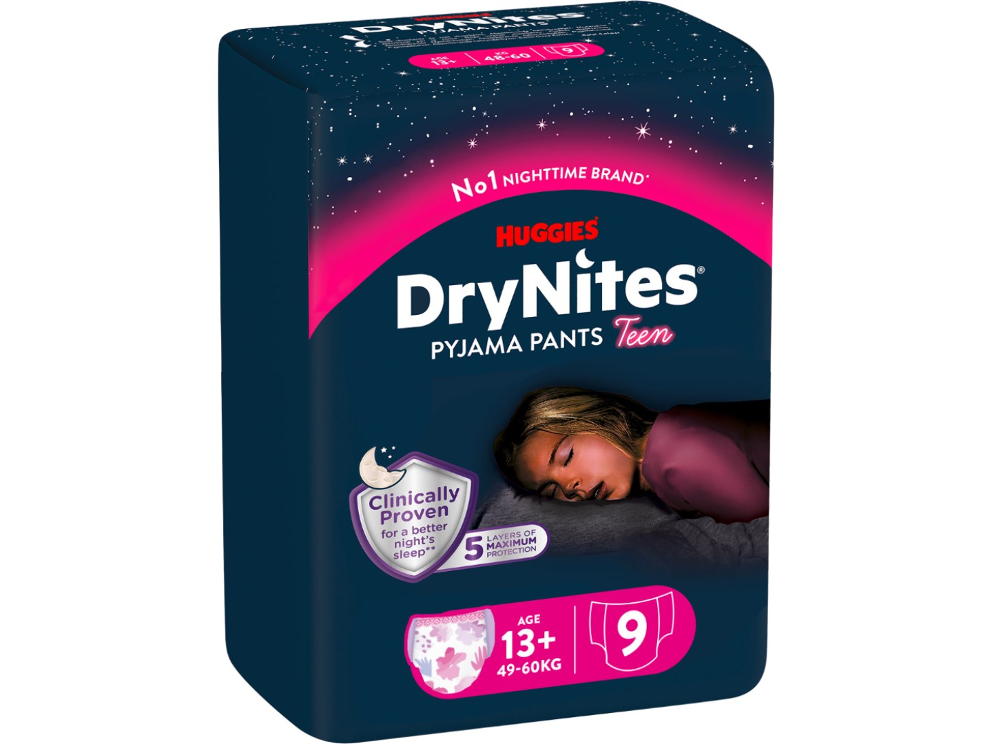 Одноразові підгузки-трусики Huggies DryNites для дівчаток 13+ років, 9 шт. (5029053583679)