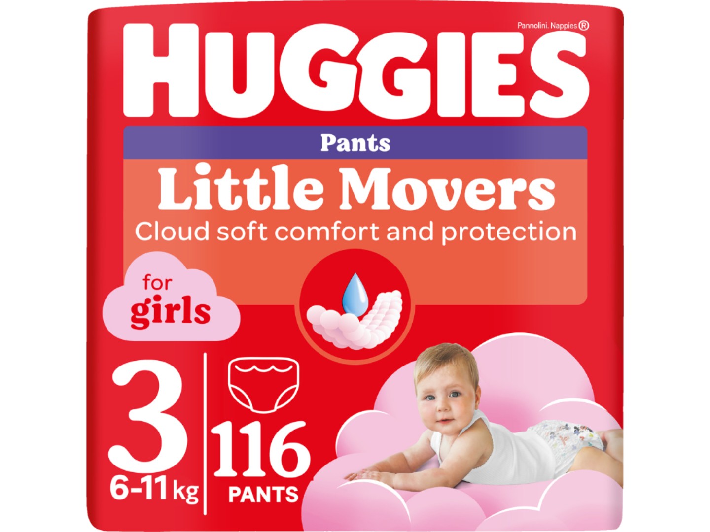 Одноразові підгузки-трусики Huggies Little Movers Розмір 3 (6-11 кг) для дівчаток, 116 шт. (5029054568033)