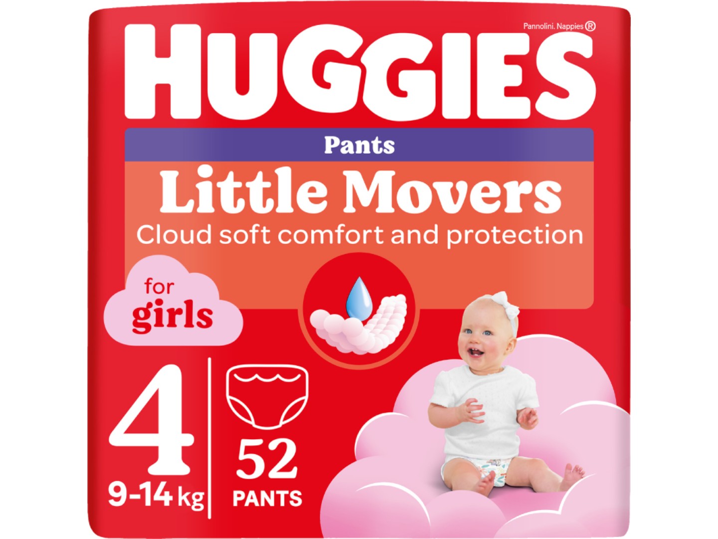 Одноразові підгузки-трусики Huggies Little Movers Розмір 4 (9-14 кг) для дівчаток, 52 шт. (5029053547541)