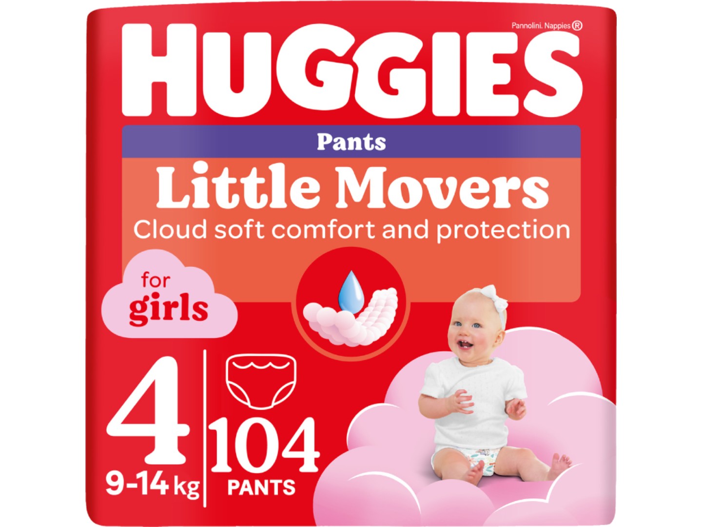 Одноразові підгузки-трусики Huggies Little Movers Розмір 4 (9-14 кг) для дівчаток, 104 шт. (5029054568095)