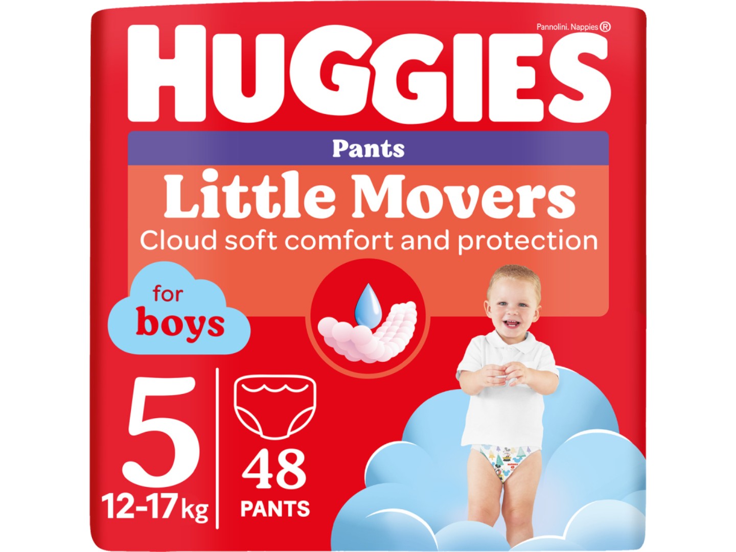 Одноразові підгузки-трусики Huggies Little Movers Розмір 5 (12-17 кг) для хлопчиків, 48 шт. (5029053547619)