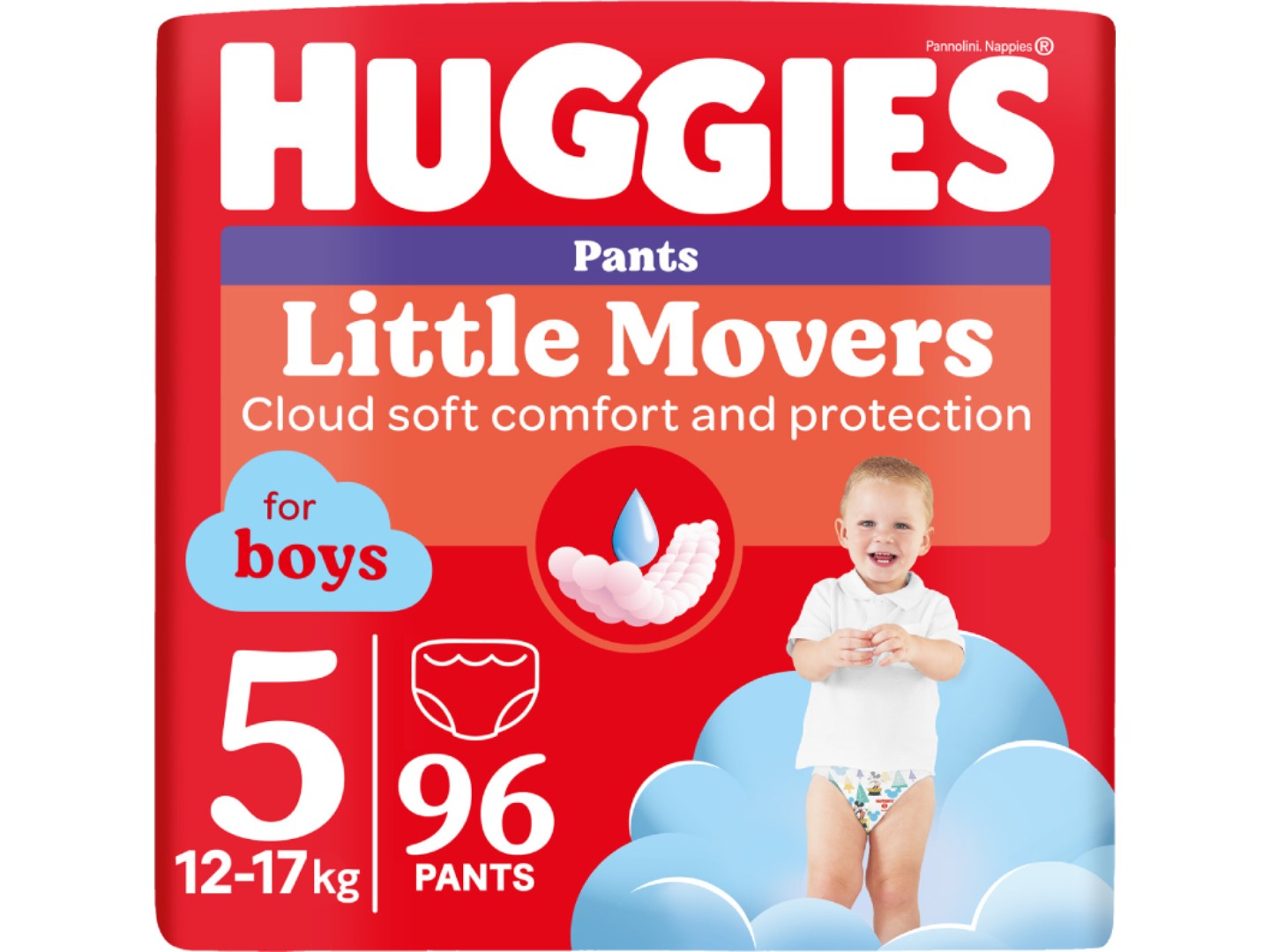 Одноразові підгузки-трусики Huggies Little Movers Розмір 5 (12-17 кг) для хлопчиків, 96 шт. (5029054568163)