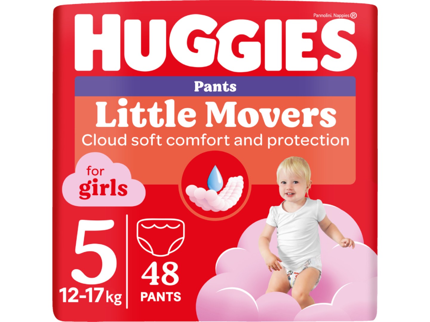 Одноразові підгузки-трусики Huggies Little Movers Розмір 5 (12-17 кг) для дівчаток, 48 шт. (5029053547626)