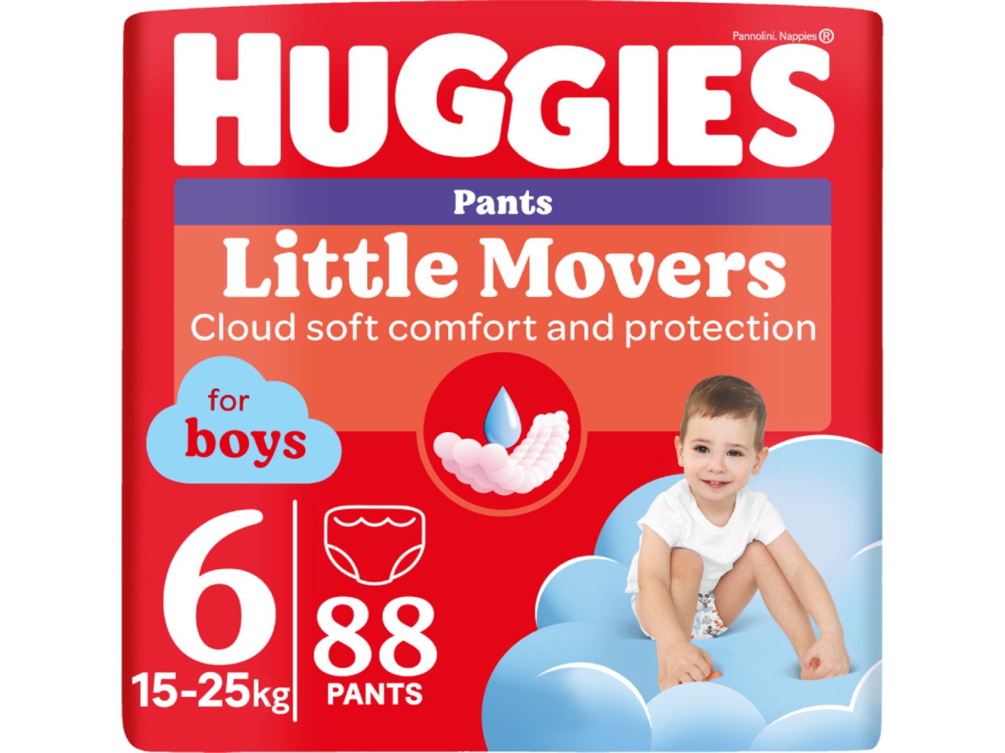 Одноразові підгузки-трусики Huggies Little Movers Розмір 6 (15-25 кг) для хлопчиків, 88 шт. (5029054568200)