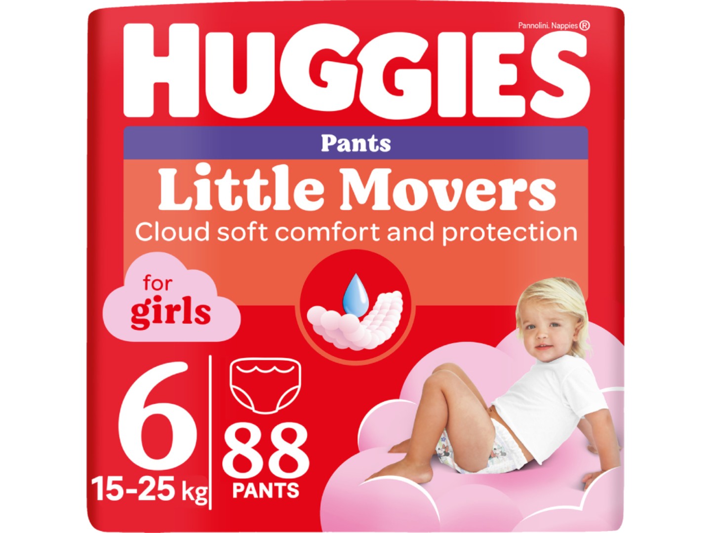 Одноразові підгузки-трусики Huggies Little Movers Розмір 6 (15-25 кг) для дівчаток, 88 шт. (5029054568217)