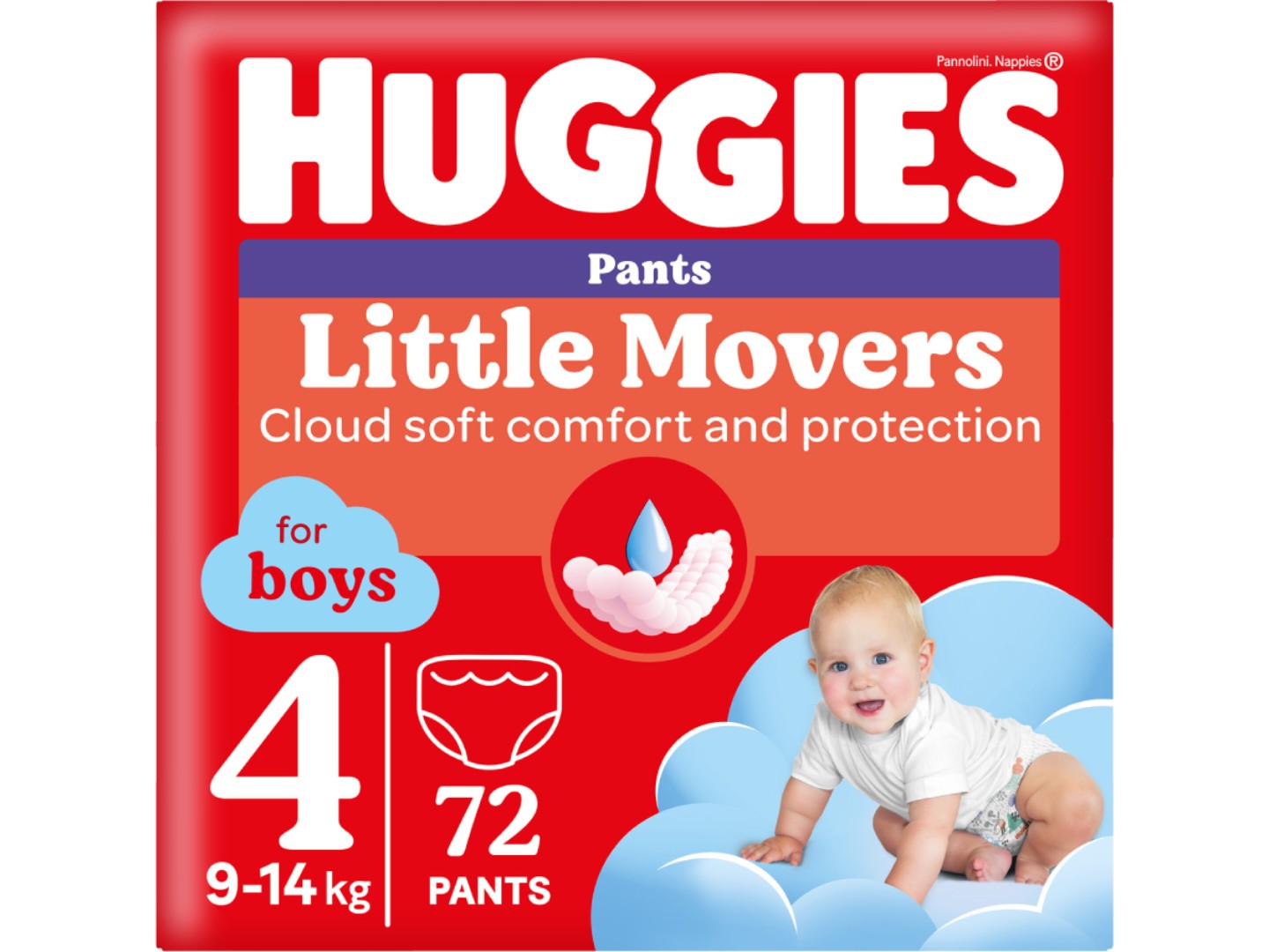 Одноразові підгузки-трусики Huggies Little Movers Розмір 4 (9-14 кг) для хлопчиків, 72 шт.(2*36 шт.) (5029053564104)
