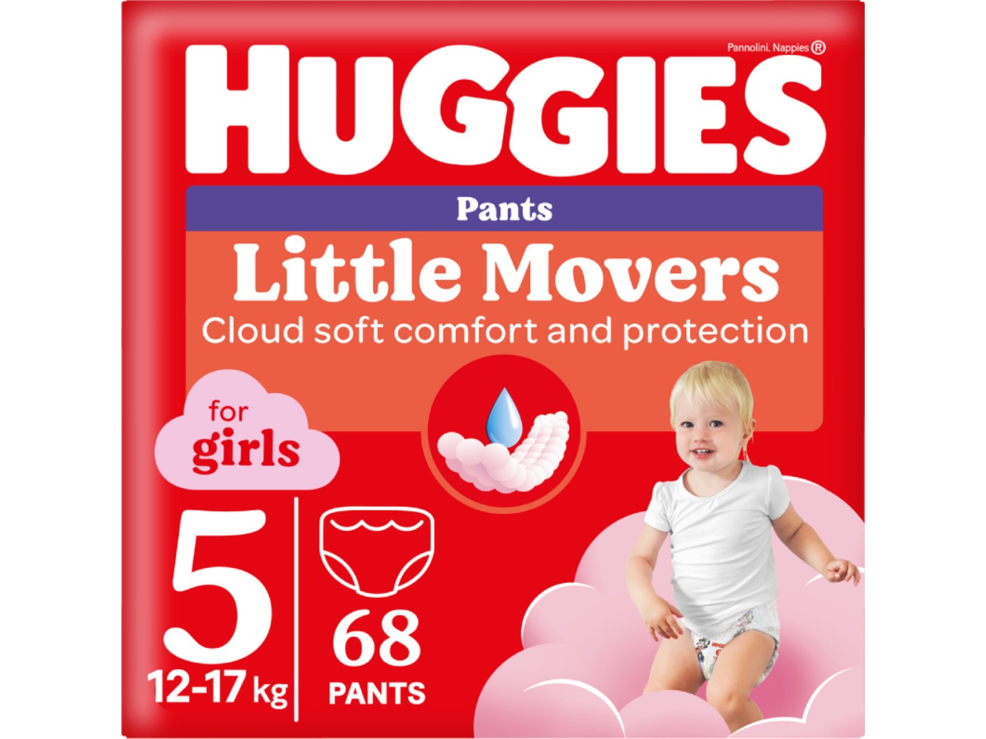 Одноразові підгузки-трусики Huggies Little Movers Розмір 5 (12-17 кг) для дівчаток, 68 шт.(2*34 шт.) (5029053564111)