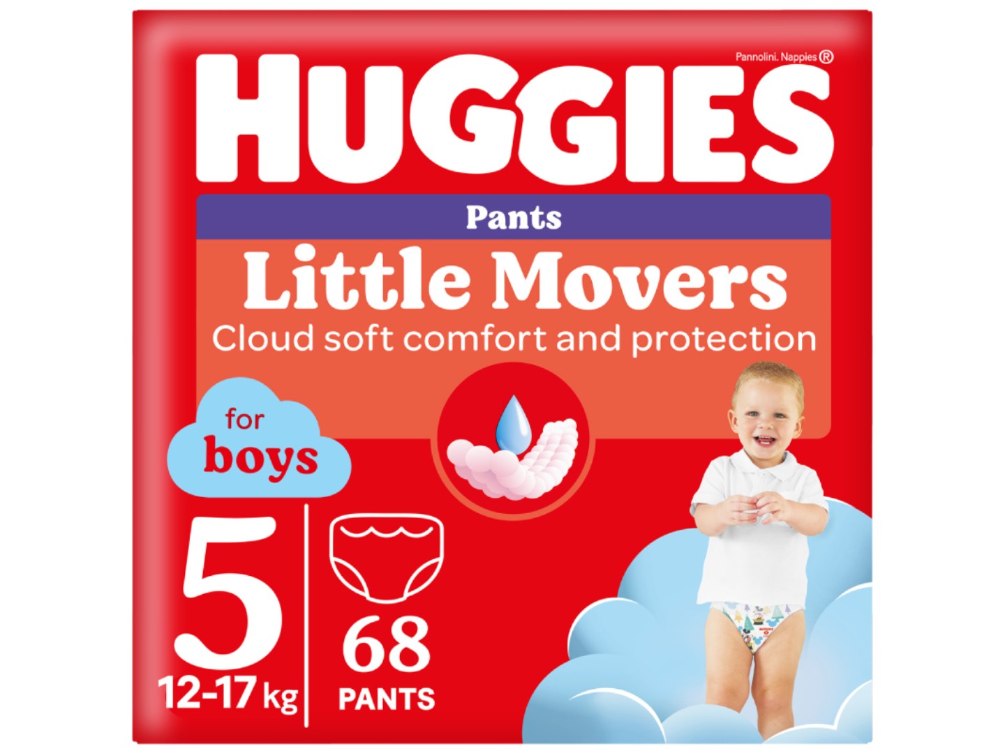Одноразові підгузки-трусики Huggies Little Movers Розмір 5 (12-17 кг) для хлопчиків, 68 шт.(2*34 шт.) (5029053564128)
