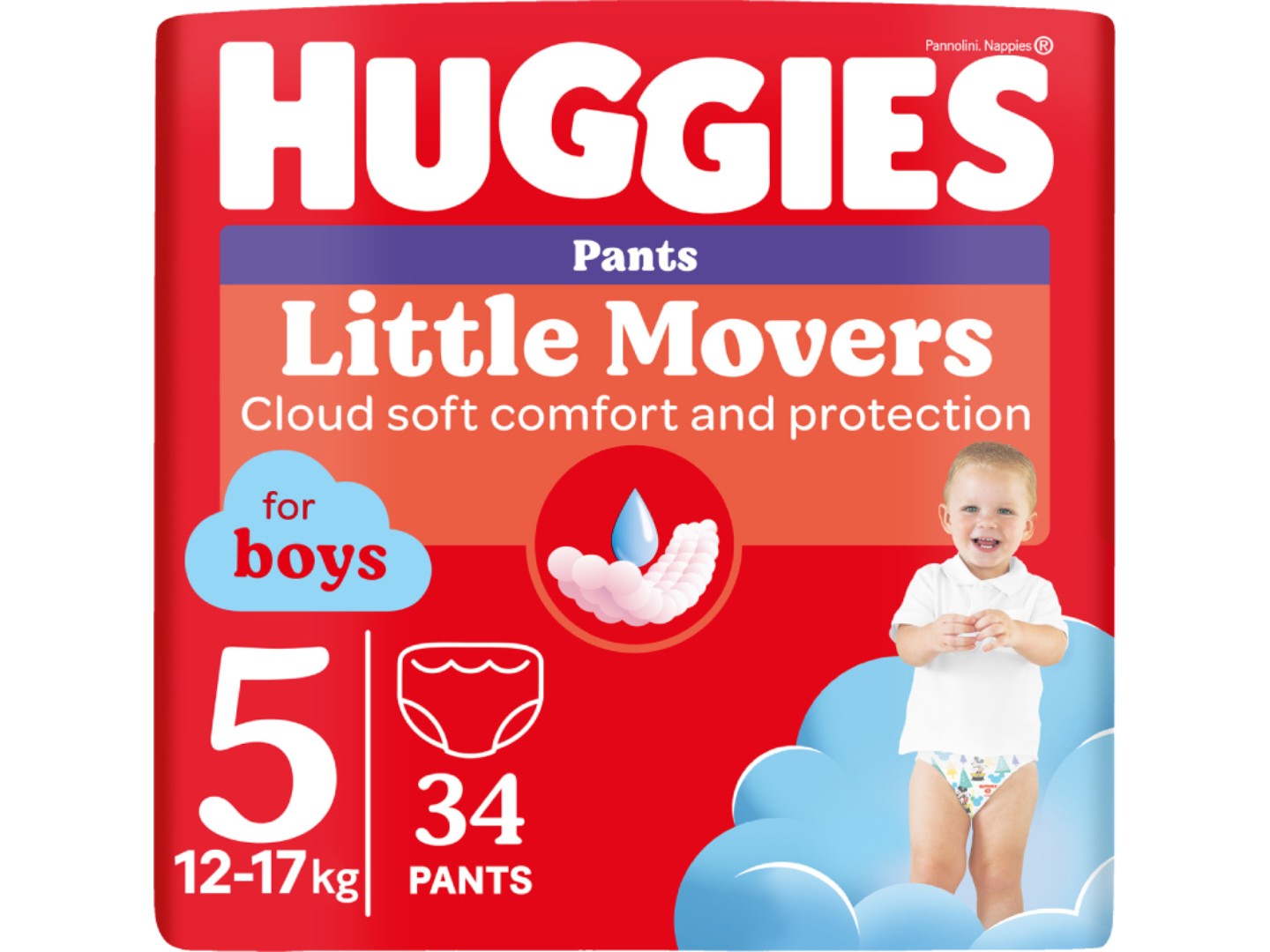 Одноразові підгузки-трусики Huggies Little Movers Розмір 5 (12-17 кг) для хлопчиків, 34 шт. (5029053564289)