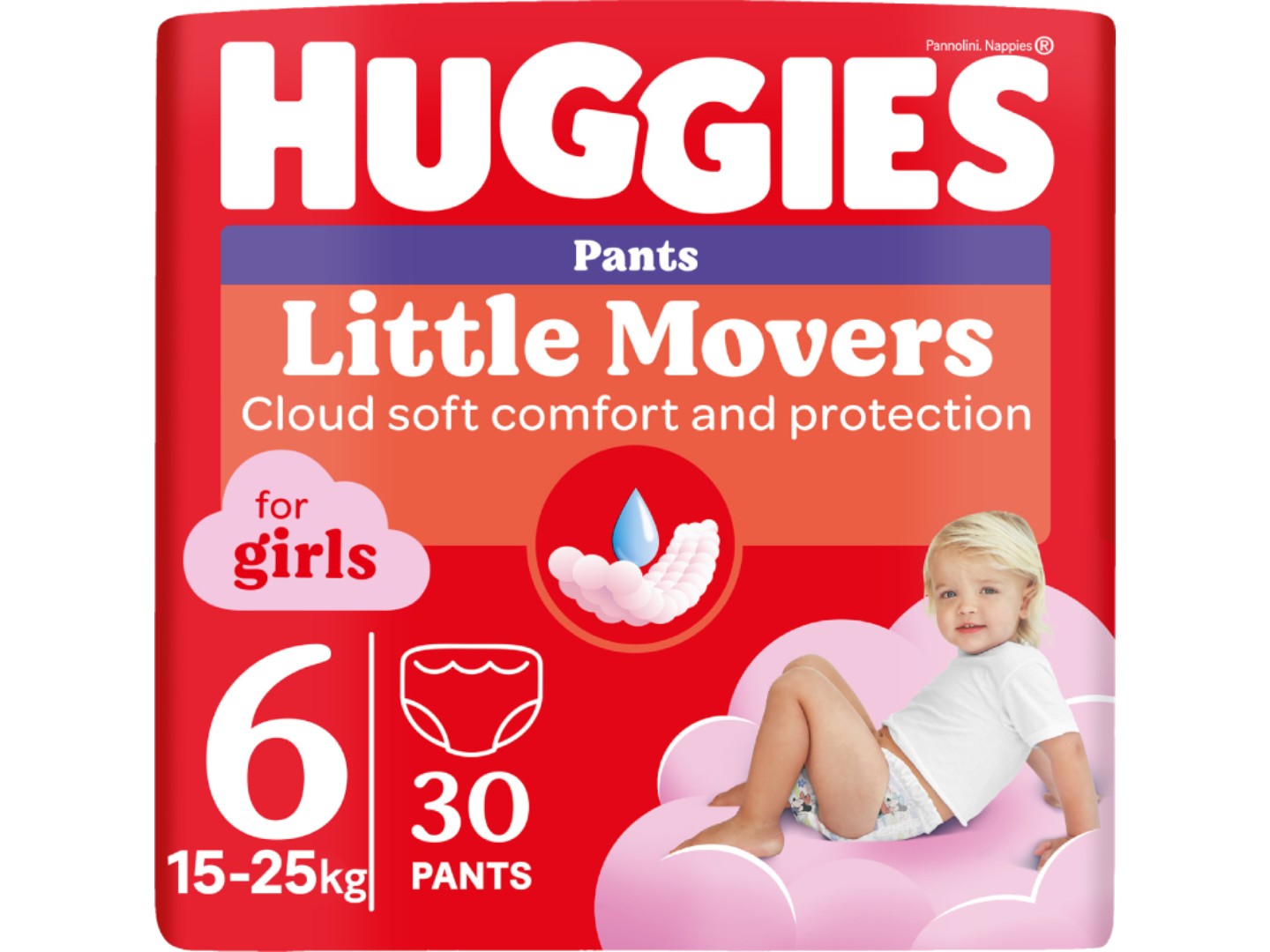 Одноразові підгузки-трусики Huggies Little Movers Розмір 6 (15-25 кг) для дівчаток, 30 шт. (5029053564296)